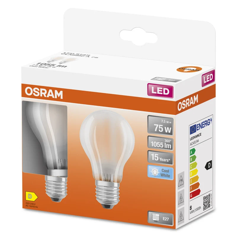 Lampe LED OSRAM LED Retrofit CLASSIC A 7,5 W 840 Frosted E27 Lot de 2, 1055 lm, 4000 K, blanc froid