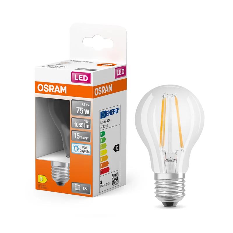 Lampe LED OSRAM LED Retrofit CLASSIC A 6,5W 865 Clear E27, 806 lm, 6500 K, Lumière du jour froide