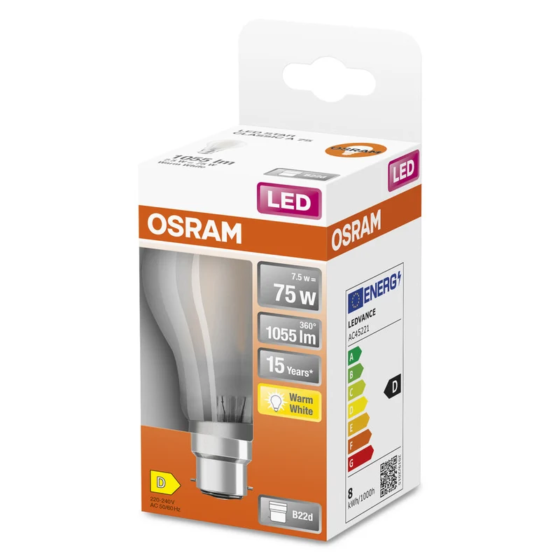 Lampe LED OSRAM LED Retrofit CLASSIC A 7,5W 827 Frosted B22d, 1055 lm, 2700 K, blanc chaud
