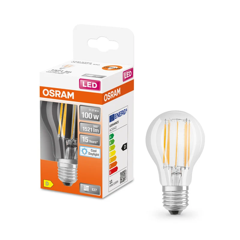 Lampe LED OSRAM LED Retrofit CLASSIC A 11W 865 Clear E27, 1521 lm, 6500 K, Lumière du jour froide