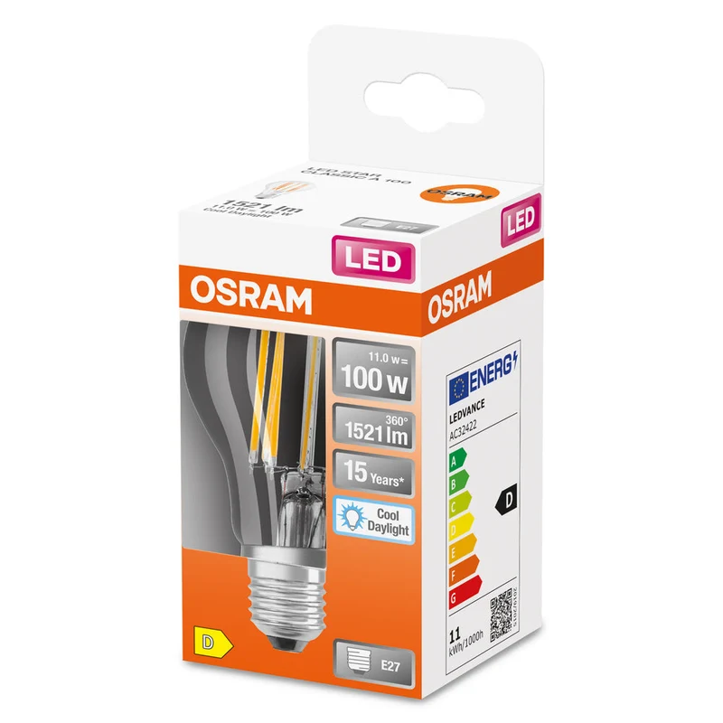 Lampe LED OSRAM LED Retrofit CLASSIC A 11W 865 Clear E27, 1521 lm, 6500 K, Lumière du jour froide