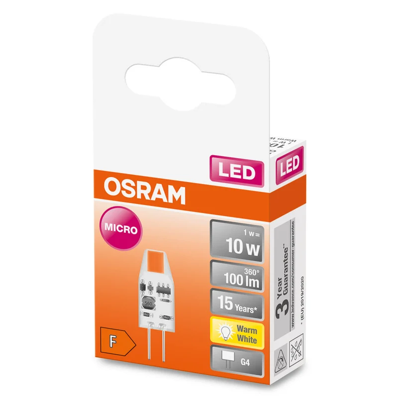 Lampe LED OSRAM à culot à broches PIN MICRO 12 V 1 W 827 Clear G4, 100 lm, 2700 K, blanc chaud