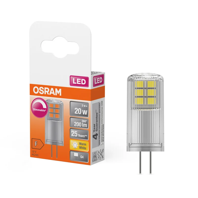 Lampe LED OSRAM à culot à broches PIN 12 V DIM 2 W 827 Clear G4, 200 lm, 2700 K, blanc chaud