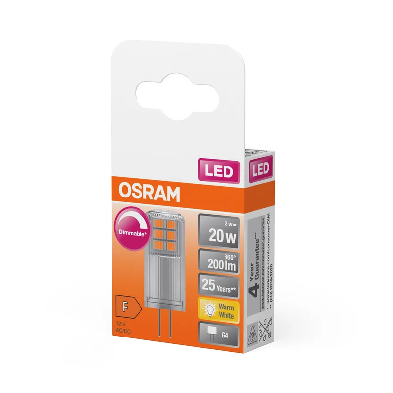 Lampe LED OSRAM à culot à broches PIN 12 V DIM 2 W 827 Clear G4, 200 lm, 2700 K, blanc chaud