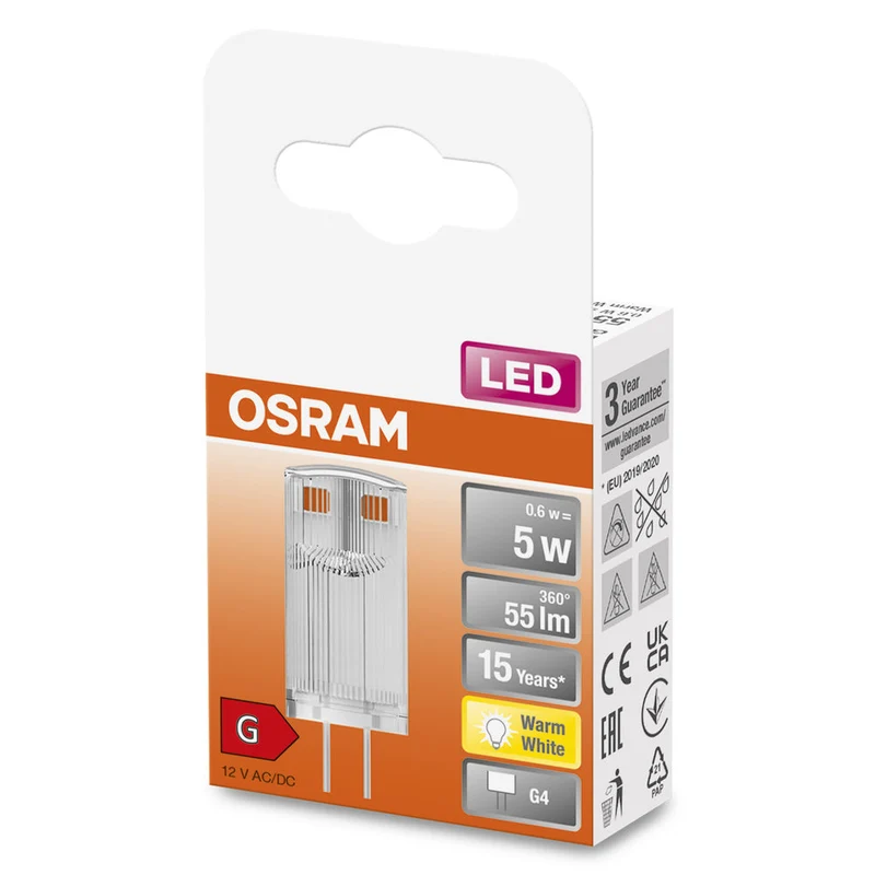 Lampe LED OSRAM à culot à broches PIN 12 V 0,6 W 827 Clear G4, 55 lm, 2700 K, blanc chaud