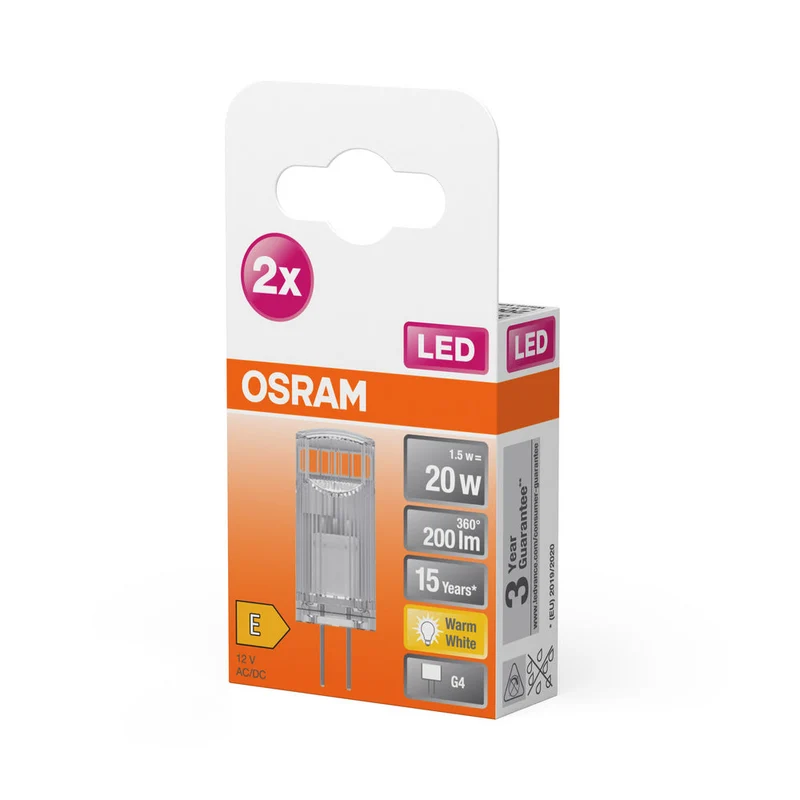 Lampe LED OSRAM à culot à broches PIN 12 V 1,5 W 827 Clear G4, lot de 2, 200 lm, 2700 K, blanc chaud, lot de 2