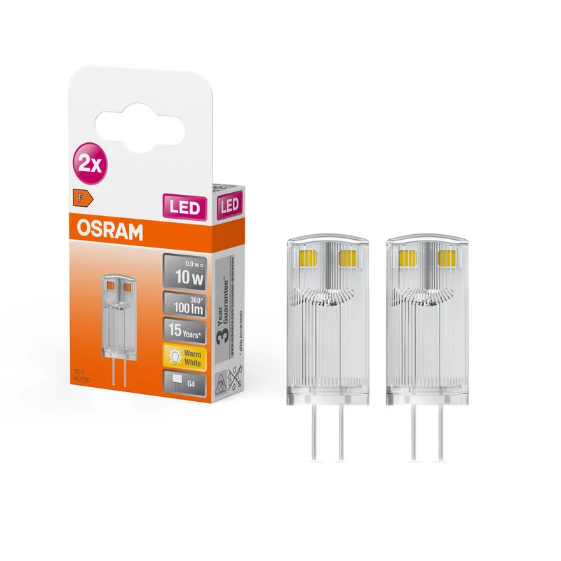 Lampe LED OSRAM à culot à broches PIN 12 V 0,9 W 827 Clear G4, lot de 2, 100 lm, 2700 K, blanc chaud