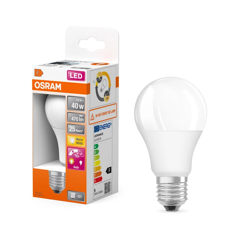Lampe LED OSRAM DAYLIGHT SENSOR CLASSIC A 4,9 W 827 givrée E27, 470 lm, 2700 K, blanc chaud
