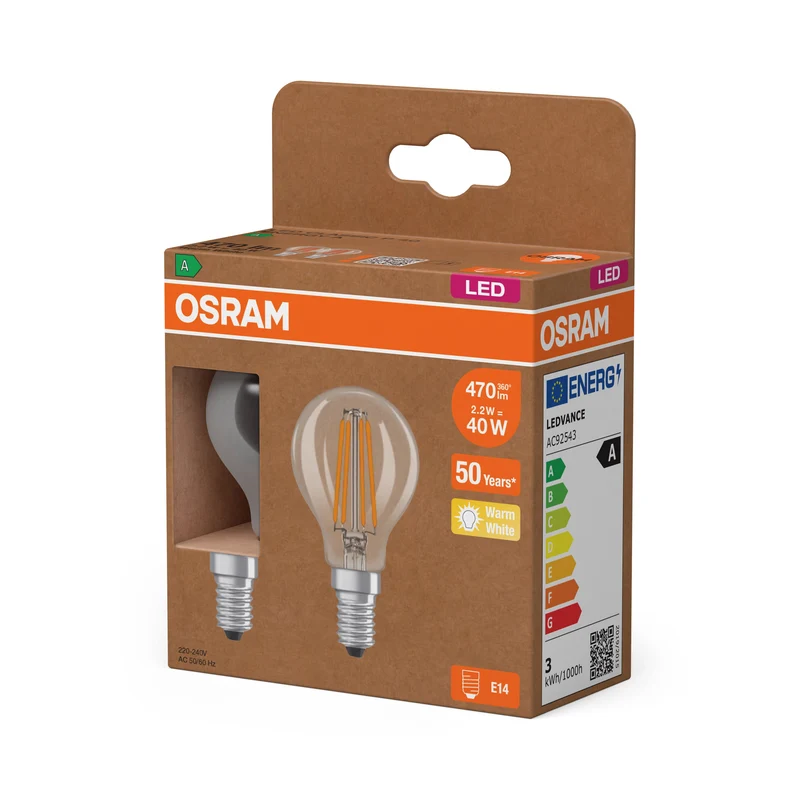 Lampe LED OSRAM Energy Class, 2,2 W, transparente, EEK A, 470 lm, E14, blanc chaud