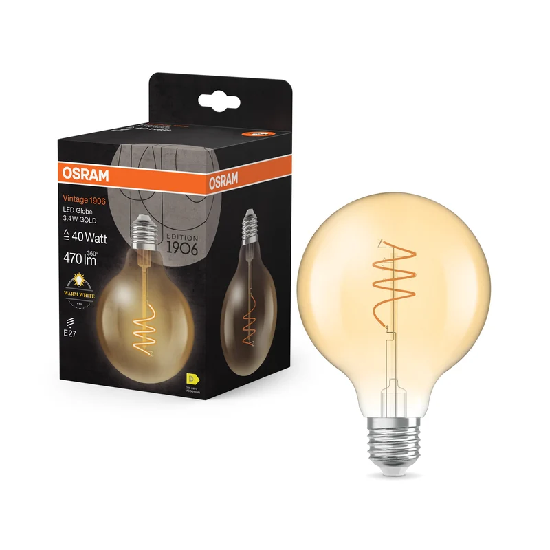 OSRAM Vintage 1906 Globe LED-Lampe Or, 3.4W, 470lm, E27, Blanc chaud