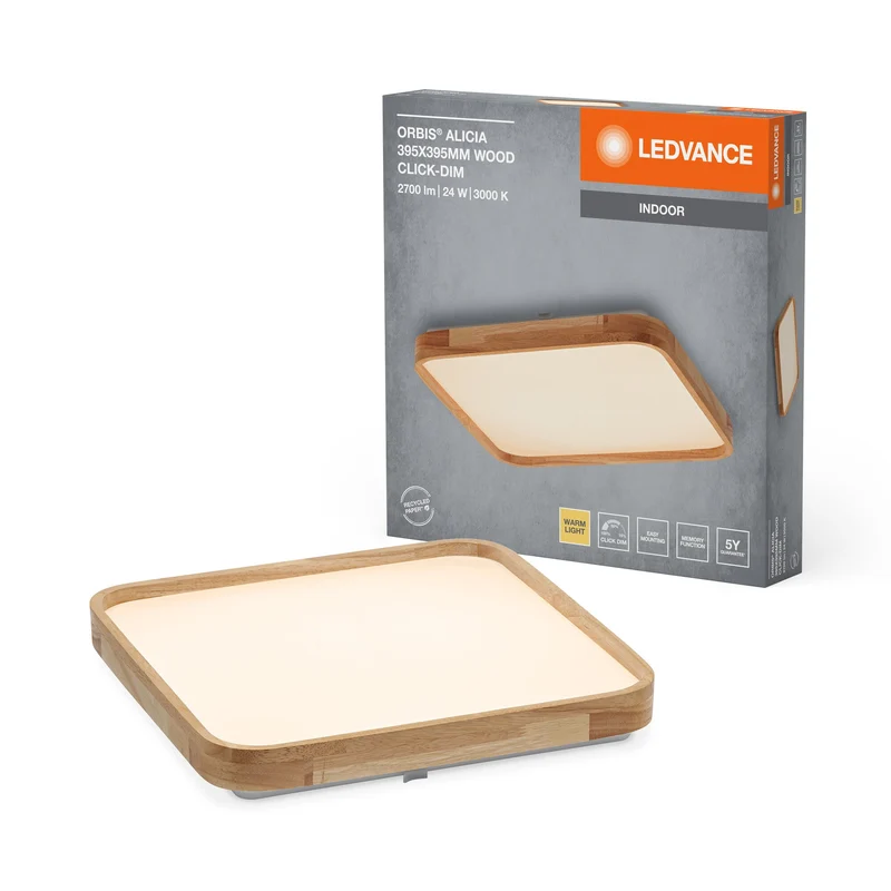 LEDVANCE ORBIS Alicia plafonnier dimmable Click-DIM 24W 395x395mm décor bois