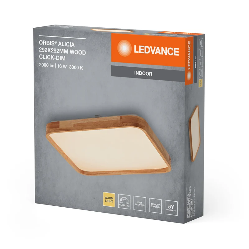 LEDVANCE ORBIS Alicia plafonnier dimmable Click-DIM 16W 292x292mm décor bois