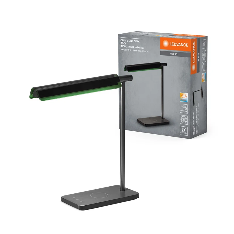 Lampe de bureau LEDVANCE OFFICE LINE Desk Roof à chargement par induction 19 W CCT à intensité variable Noir, 520 lm, 3 000 K/4 000 K/6 500 K, Blanc chaud|Blanc froid|Lumière du jour froide
