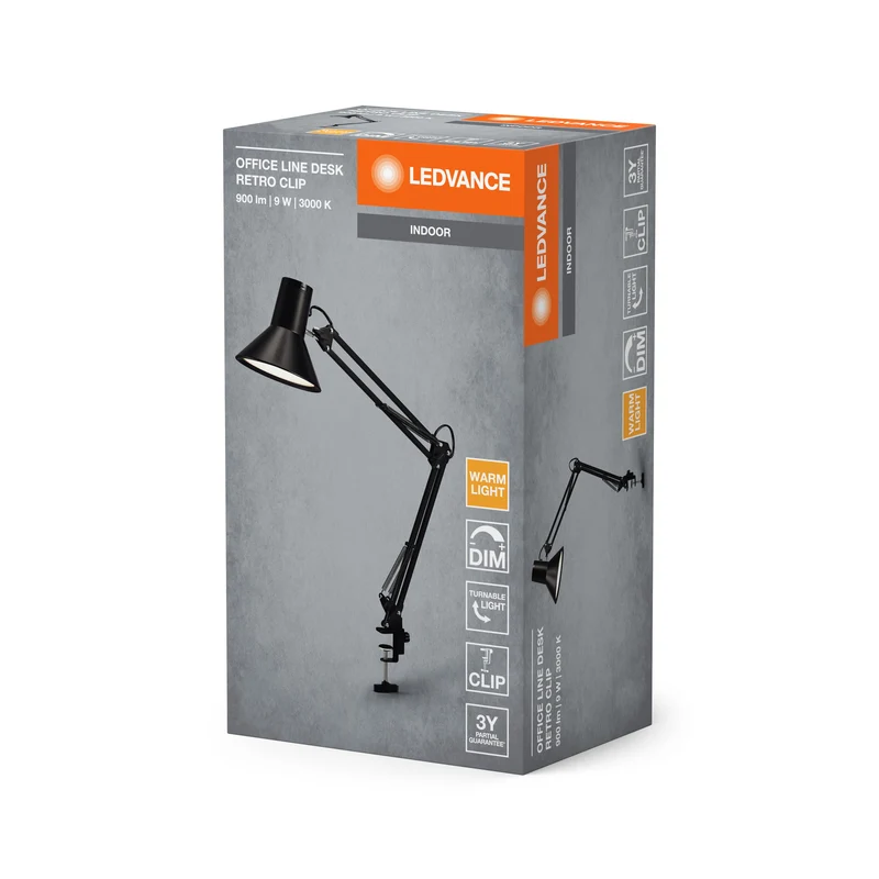 Lampe de bureau LEDVANCE OFFICE LINE Desk Retro Clip 9W 830 Dimmable Noir, 393 lm, 3000 K, Blanc chaud