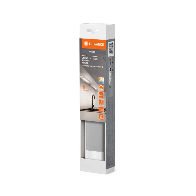 Spot sous meuble LEDVANCE LINEAR EDGE SENSOR 30cm CCT DIM Blanc, 290 lm, 3000…4000…6500 K, blanc chaud|blanc froid|lumière du jour
