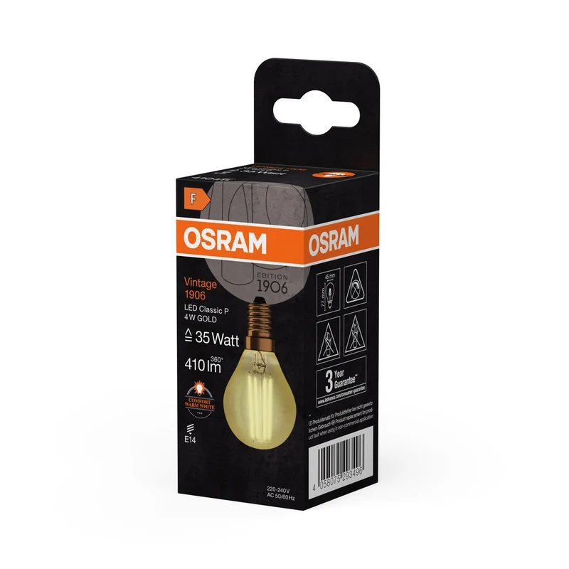 Lampe LED OSRAM VINTAGE 1906® LED CLASSIC P 4W 824 Gold E14, 410 lm, 2400 K, Lumière chaude et confortable