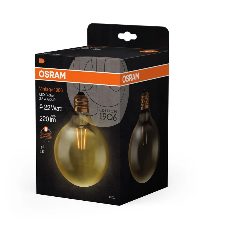 Lampe LED OSRAM VINTAGE 1906® LED CLASSIC GLOBE 2,5 W 824 Gold E27, 220 lm, 2400 K, lumière chaude et confortable