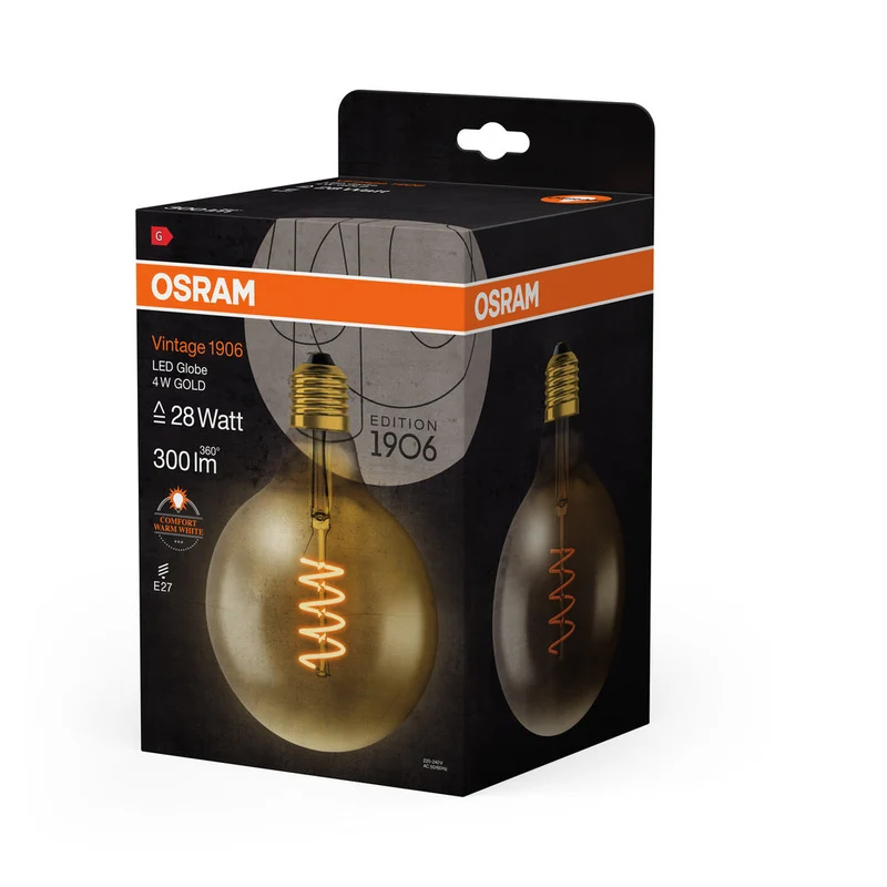 Lampe LED OSRAM VINTAGE 1906® LED CLASSIC GLOBE 4W 820 Gold E27 Culot doré, 300 lm, 2000 K, Lumière chaude et confortable