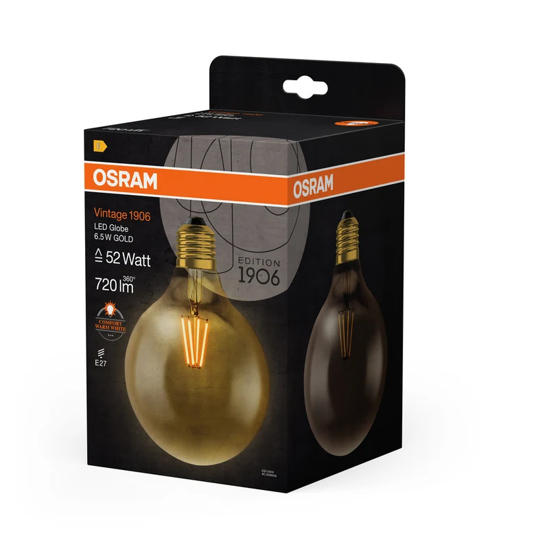 Lampe LED OSRAM VINTAGE 1906® LED CLASSIC GLOBE 6,5 W 824 Gold E27, 720 lm, 2400 K, lumière chaude et confortable