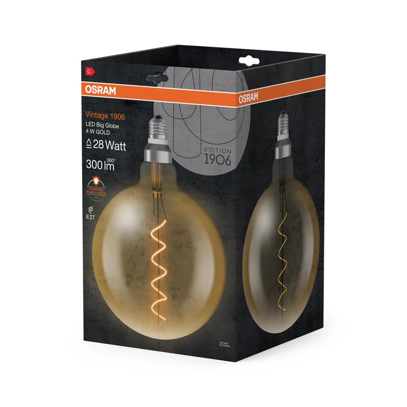 Lampe LED OSRAM VINTAGE 1906® LED CLASSIC GLOBE 4W 820 Gold E27 Douille Argent, 300 lm, 2000 K, Lumière Chaude et Confortable