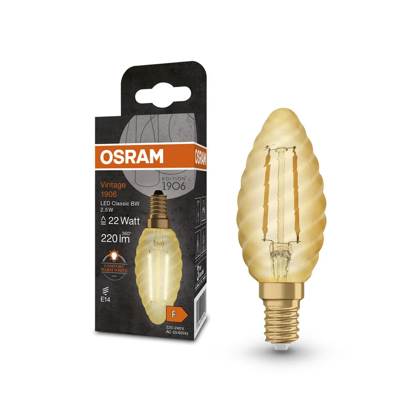 Lampe LED OSRAM VINTAGE 1906® LED CLASSIC B 2,5 W 824 Gold E14 BW-Form, 220 lm, 2400 K, lumière chaude et confortable