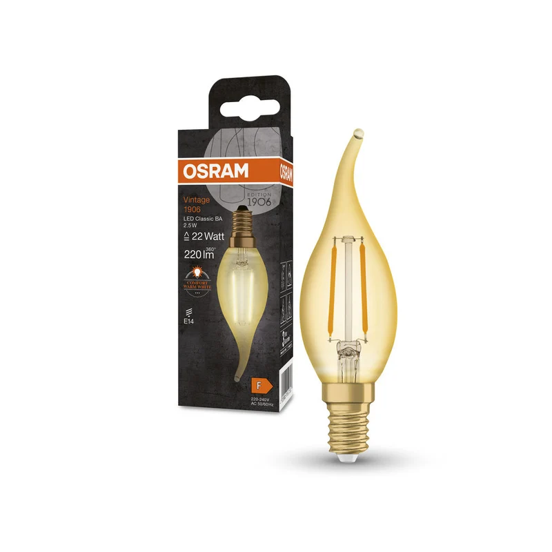 Lampe LED OSRAM VINTAGE 1906® LED CLASSIC B 2,5 W 824 Gold E14 forme BA, 220 lm, 2400 K, lumière chaude et confortable
