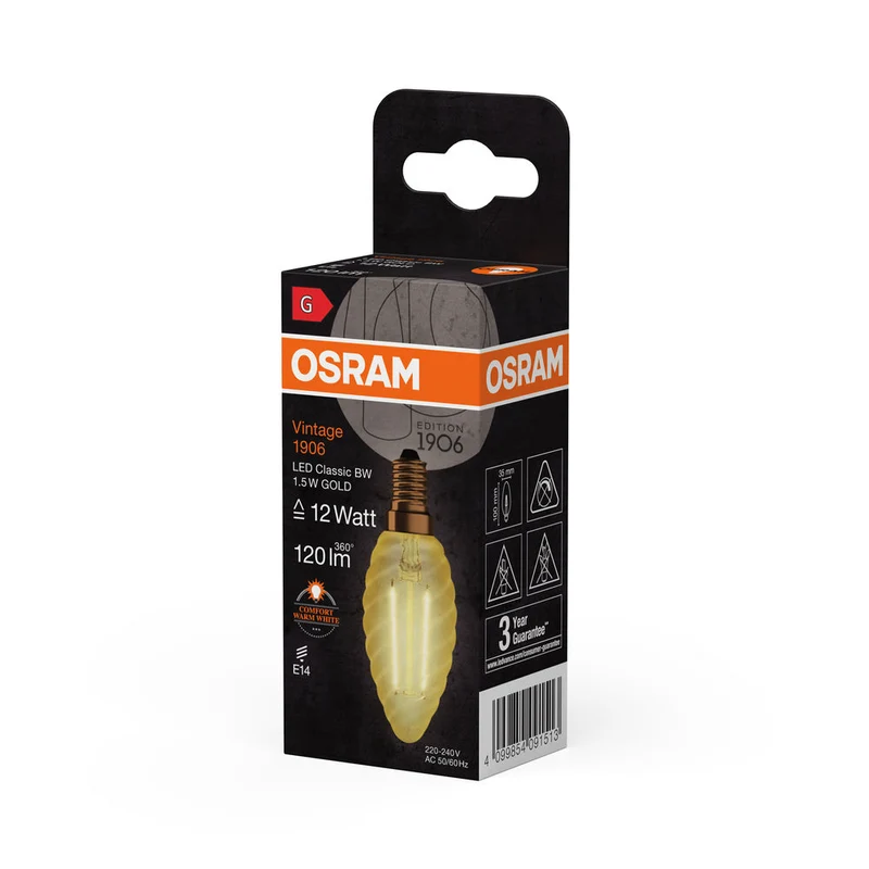 Lampe LED OSRAM VINTAGE 1906® LED CLASSIC B 1,5 W 824 Gold E14 BW-Form, 120 lm, 2400 K, lumière chaude et confortable