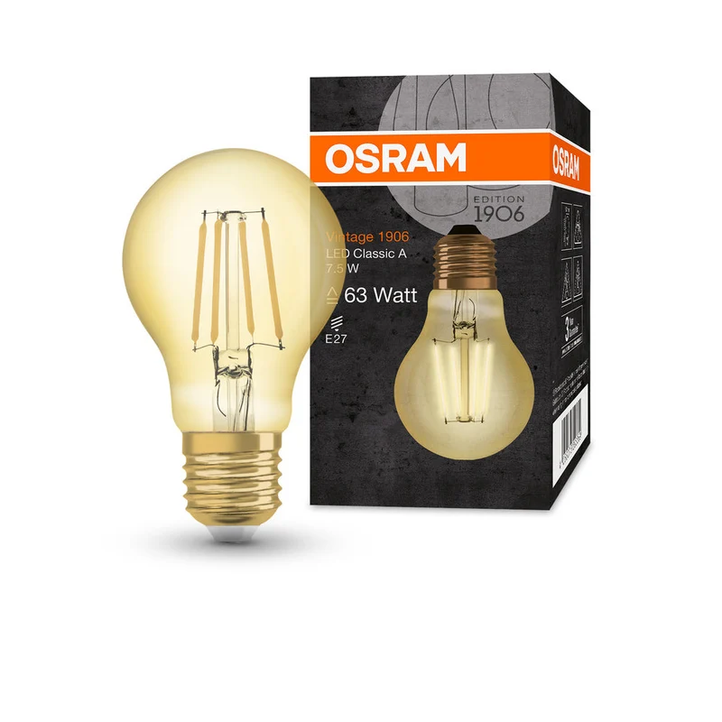 Lampe LED OSRAM VINTAGE 1906® LED CLASSIC A 7,5 W 824 Gold E27, 865 lm, 2400 K, lumière chaude et confortable
