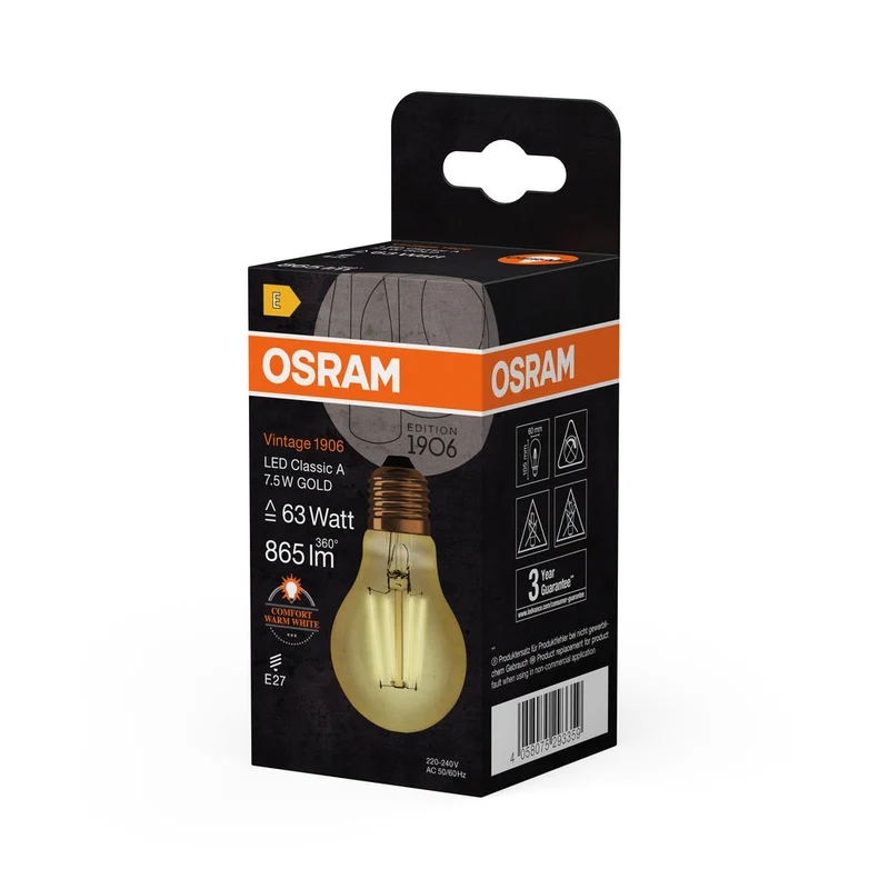 Lampe LED OSRAM VINTAGE 1906® LED CLASSIC A 7,5 W 824 Gold E27, 865 lm, 2400 K, lumière chaude et confortable