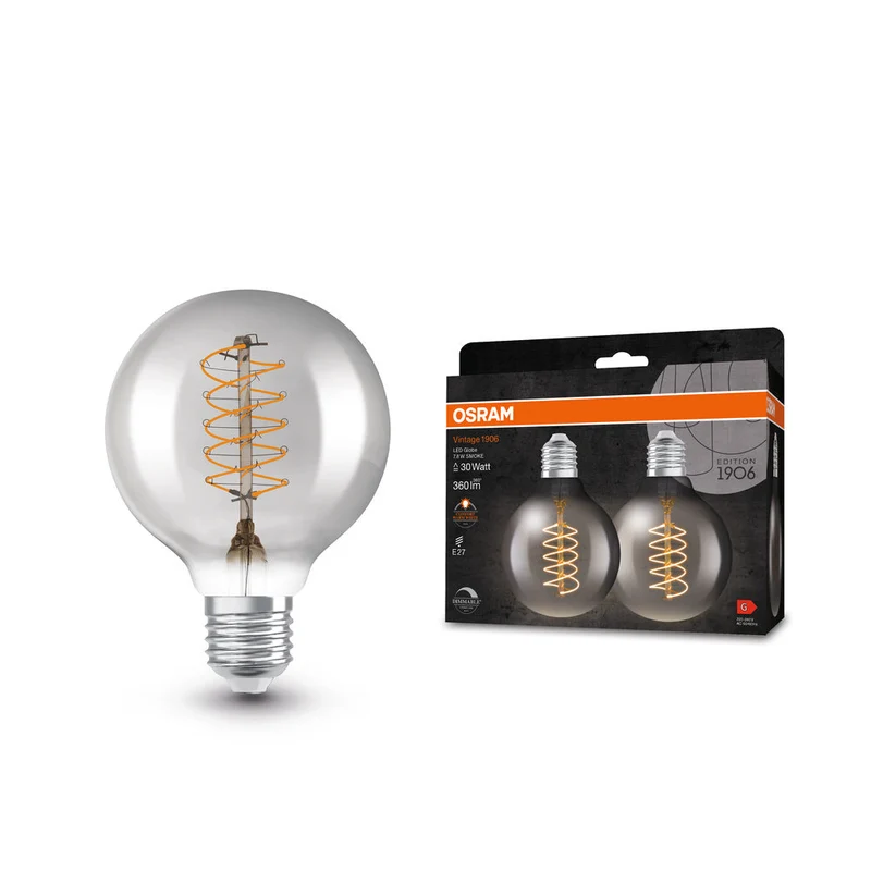 Lampe LED OSRAM VINTAGE 1906® LED CLASSIC SLIM FILAMENT Globe DIMMABLE 7,8 W 818 Fumée E27, 360 lm, 1800 K, Blanc chaud confort, lot de 2