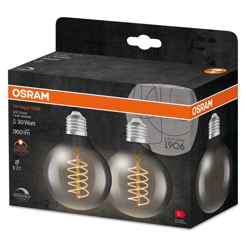 Lampe LED OSRAM VINTAGE 1906® LED CLASSIC SLIM FILAMENT Globe DIMMABLE 7,8 W 818 Fumée E27, 360 lm, 1800 K, Blanc chaud confort, lot de 2