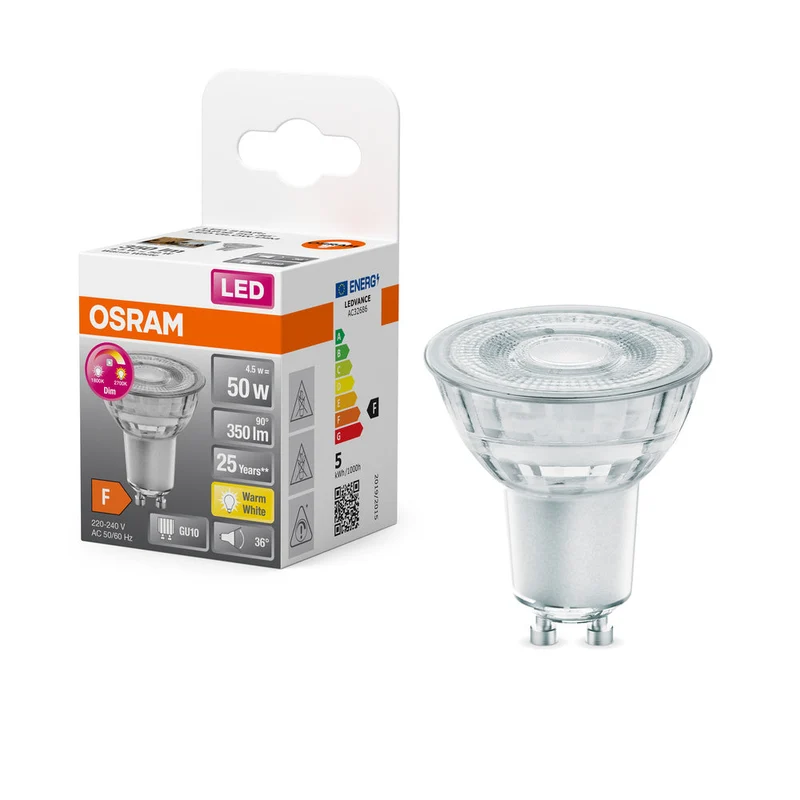 Lampe LED OSRAM SUPERSTAR PAR16 GLOWdim 4,5W 827 GU10, 350 lm, 1800…2700 K, blanc chaud