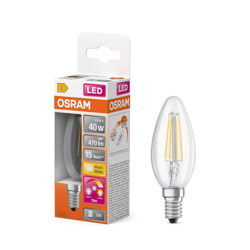 Lampe LED OSRAM SUPERSTAR CLASSIC B GLOWdim 4W 822…827 E14, 470 lm, 2200…2700 K, blanc chaud réglable