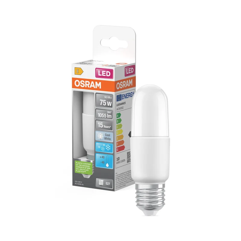 Lampe LED OSRAM LED STAR STICK 9,5W 840 Frosted E27 Ice, 1055 lm, 4000 K, blanc froid
