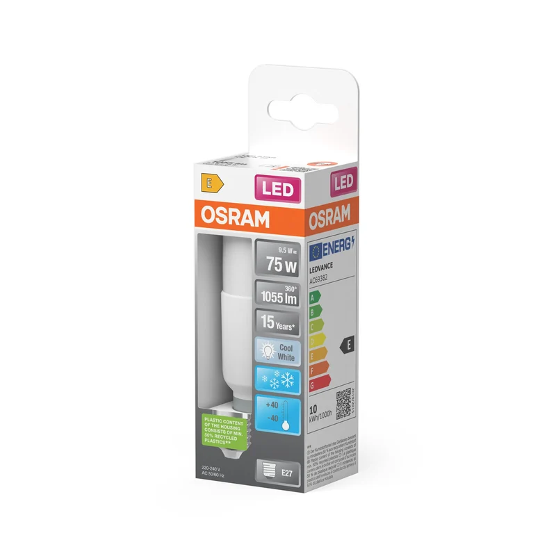 Lampe LED OSRAM LED STAR STICK 9,5W 840 Frosted E27 Ice, 1055 lm, 4000 K, blanc froid