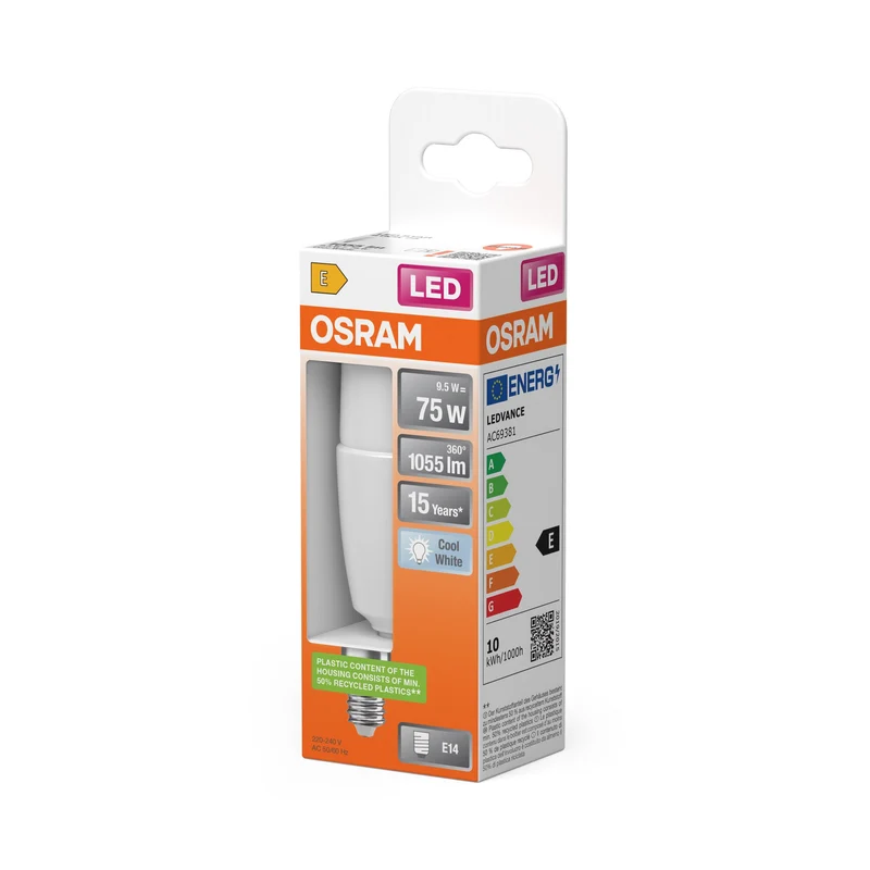 Lampe LED OSRAM LED STAR STICK 9,5W 840 Frosted E14, 1055 lm, 4000 K, blanc froid