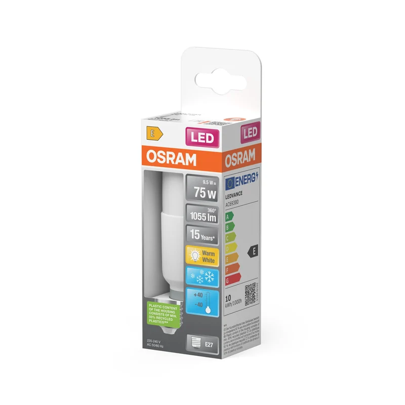 Lampe LED OSRAM LED STAR STICK 9,5 W 827 Frosted E27 Ice, 1055 lm, 2700 K, blanc chaud