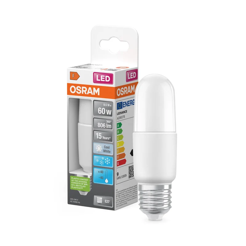 Lampe LED OSRAM LED STAR STICK 8,5W 840 Frosted E27 Ice, 806 lm, 4000 K, blanc froid