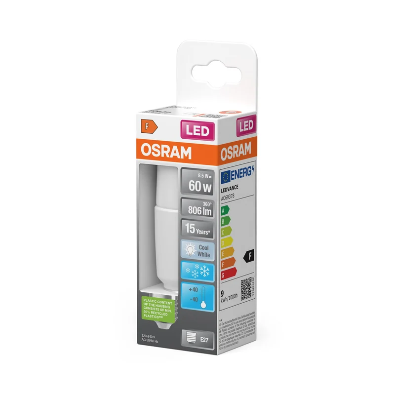 Lampe LED OSRAM LED STAR STICK 8,5W 840 Frosted E27 Ice, 806 lm, 4000 K, blanc froid