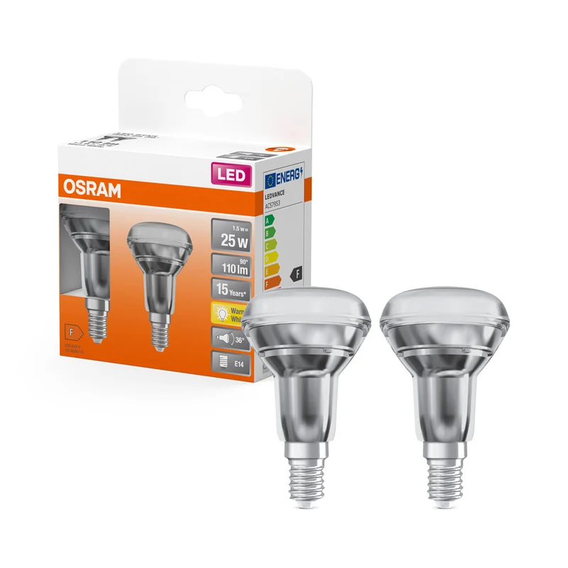 Lampe LED OSRAM LED STAR R50 1,5W 827 E14, 110 lm, 2700 K, blanc chaud, lot de 2