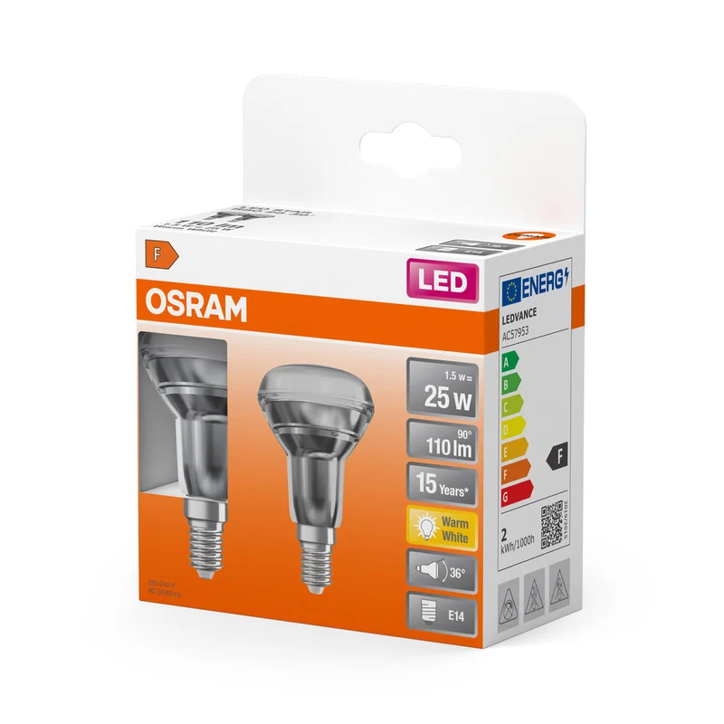 Lampe LED OSRAM LED STAR R50 1,5W 827 E14, 110 lm, 2700 K, blanc chaud, lot de 2