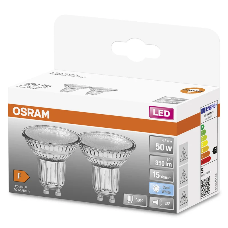 Lampe à réflecteur LED OSRAM LED STAR PAR16 4,3W 840 GU10 350 lm, 4000 K, blanc froid, lot de 2