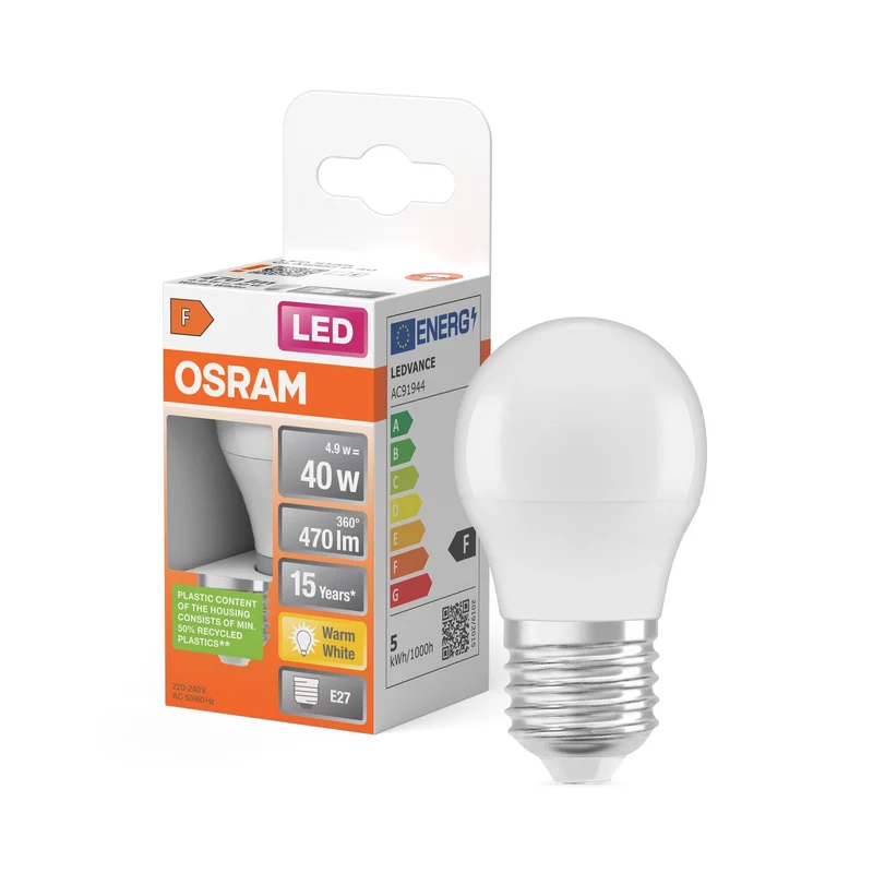 Lampe LED OSRAM LED STAR CLASSIC P 4,9W 827 Givrée E27, 470 lm, 2700 K, blanc chaud