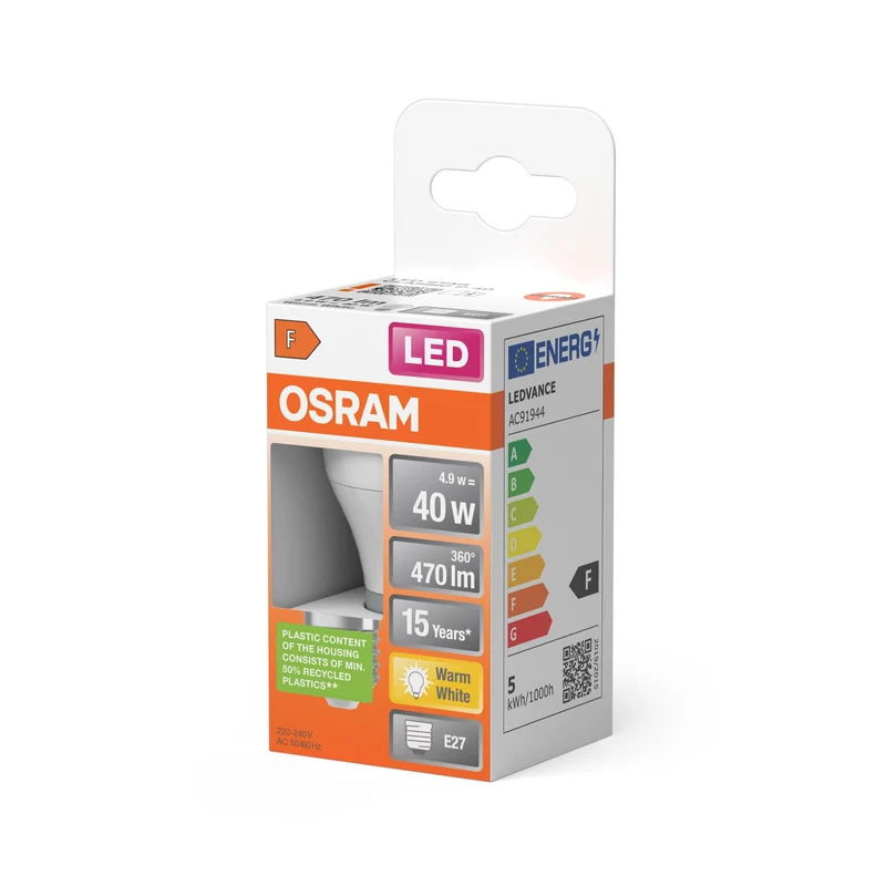 Lampe LED OSRAM LED STAR CLASSIC P 4,9W 827 Givrée E27, 470 lm, 2700 K, blanc chaud