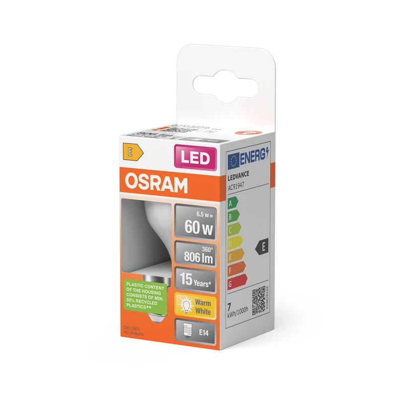 Lampe LED OSRAM LED STAR CLASSIC P 6,5W 827 Givrée E14, 806 lm, 2700 K, blanc chaud
