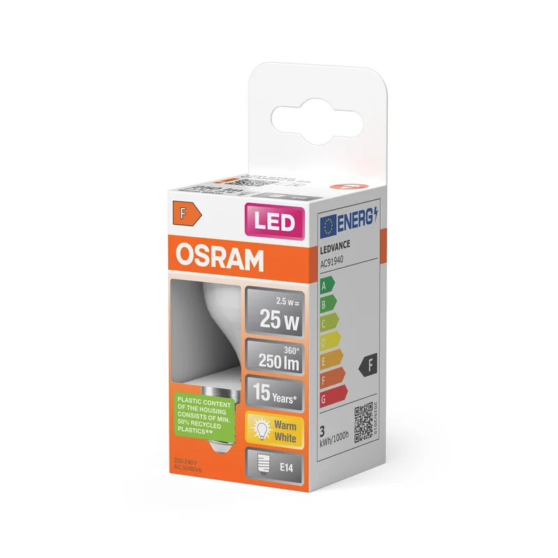 Lampe LED OSRAM LED STAR CLASSIC P 2,5W 827 Givrée E14, 250 lm, 2700 K, blanc chaud