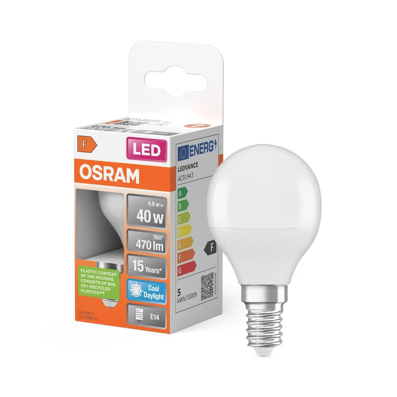 Lampe LED OSRAM LED STAR CLASSIC P 4,9W 865 Frosted E14, 470 lm, 6500 K, Lumière du jour froide