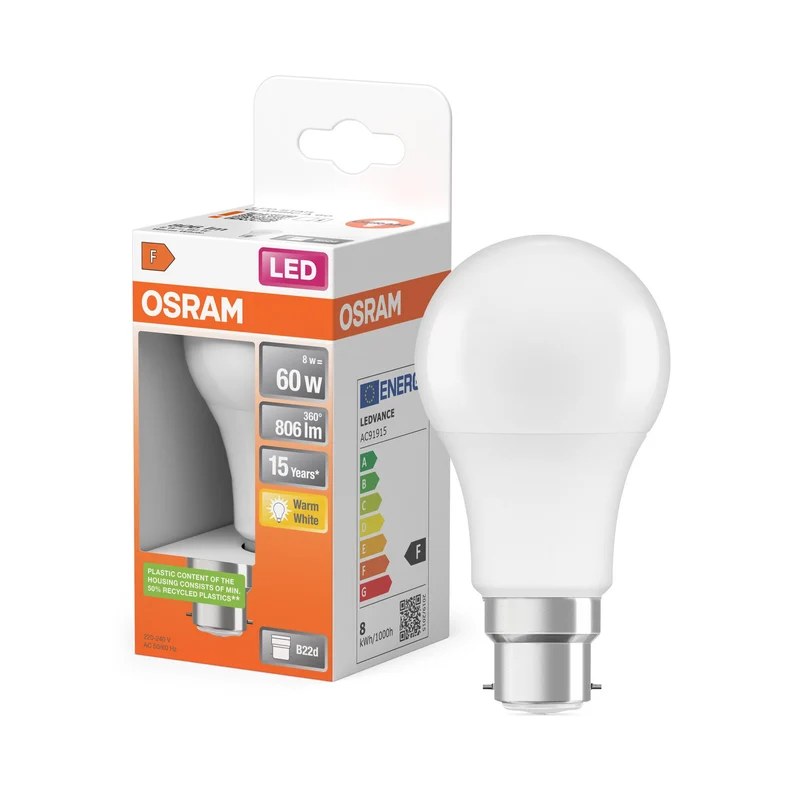 Lampe LED OSRAM LED STAR CLASSIC A 8W 827 Frosted B22d, 806 lm, 2700 K, blanc chaud