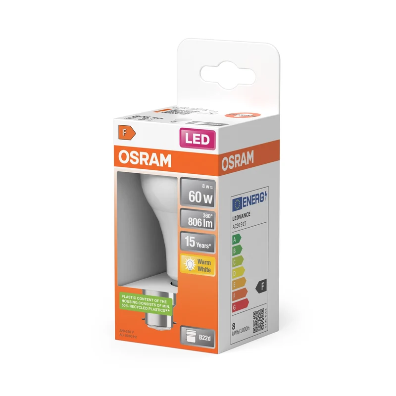 Lampe LED OSRAM LED STAR CLASSIC A 8W 827 Frosted B22d, 806 lm, 2700 K, blanc chaud