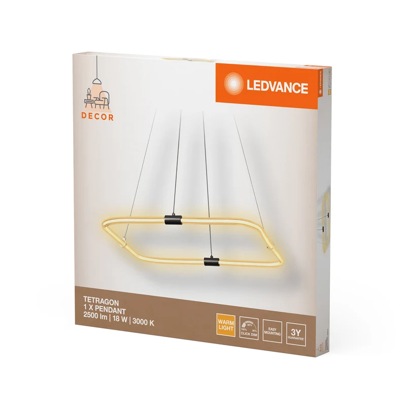 Suspension LEDVANCE DECOR Tetragon, 18 W, 3 000 K, 2 000 lm, blanc chaud, Click DIM